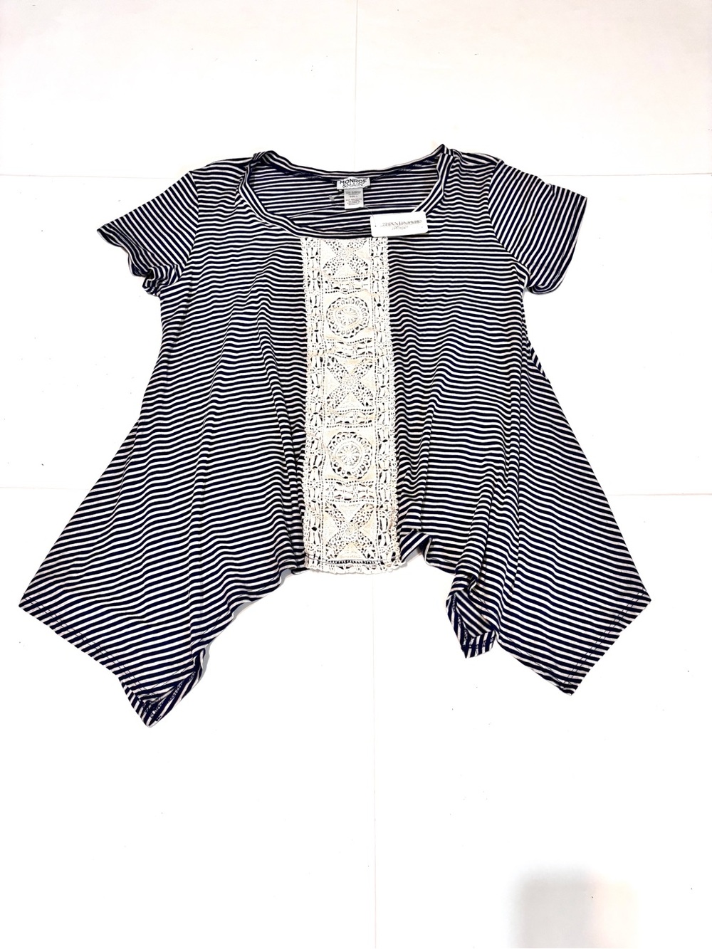 ⭐️Monroe & Main Navy and White Striped Tee with Crochet Panel